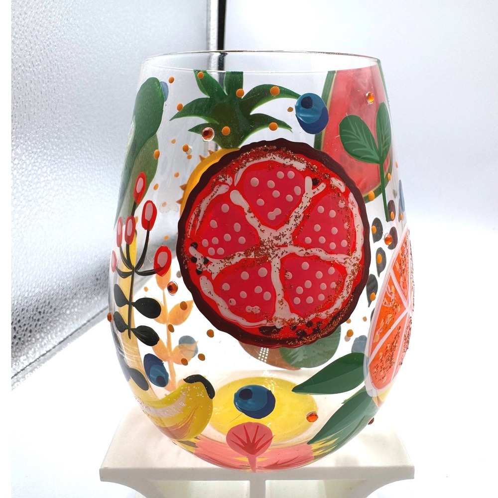 Lolita Tropical Fruit Stemless Wine Glass Hand Painted Glitter Jeweled 4.5in - Picture 4 of 7